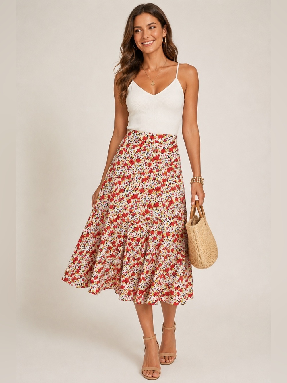 SHEIN Floral Midi Skirt Red White Black Fit & Flare A-Line Size Large